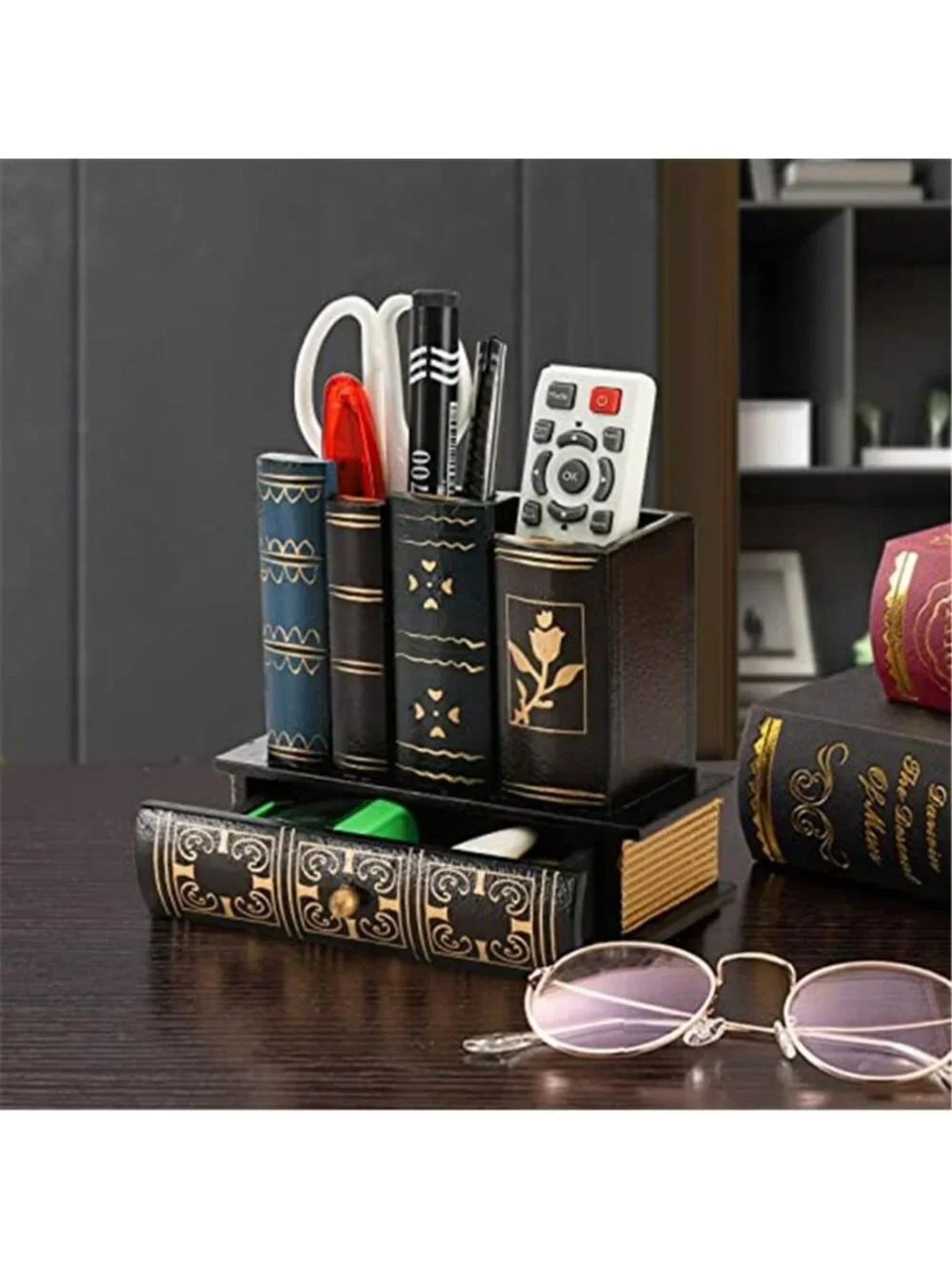 Decorative Pen Holder with Storage Drawer, Wooden Pencil Holder